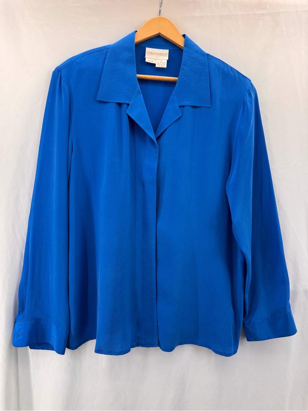 Cobalt Blue Silk Blouse Hidden Placket Button Down Sz14 Petite Vintage Old Money